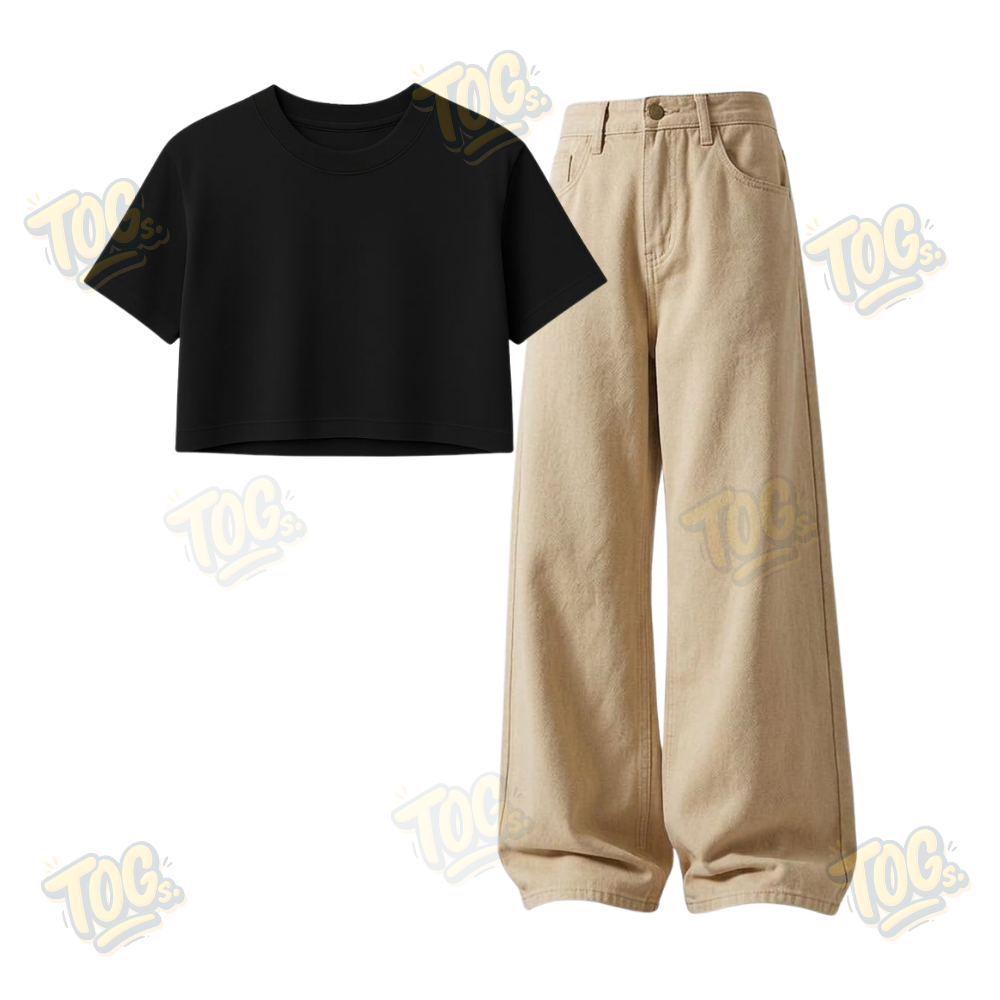 Beige Wide-Leg Baggy Jeans With Crop T-Shirt