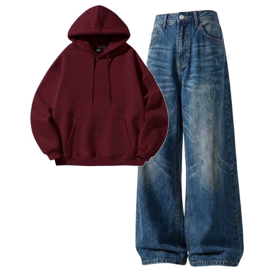 Navyblue Vintage Baggy Jeans With Hoodie