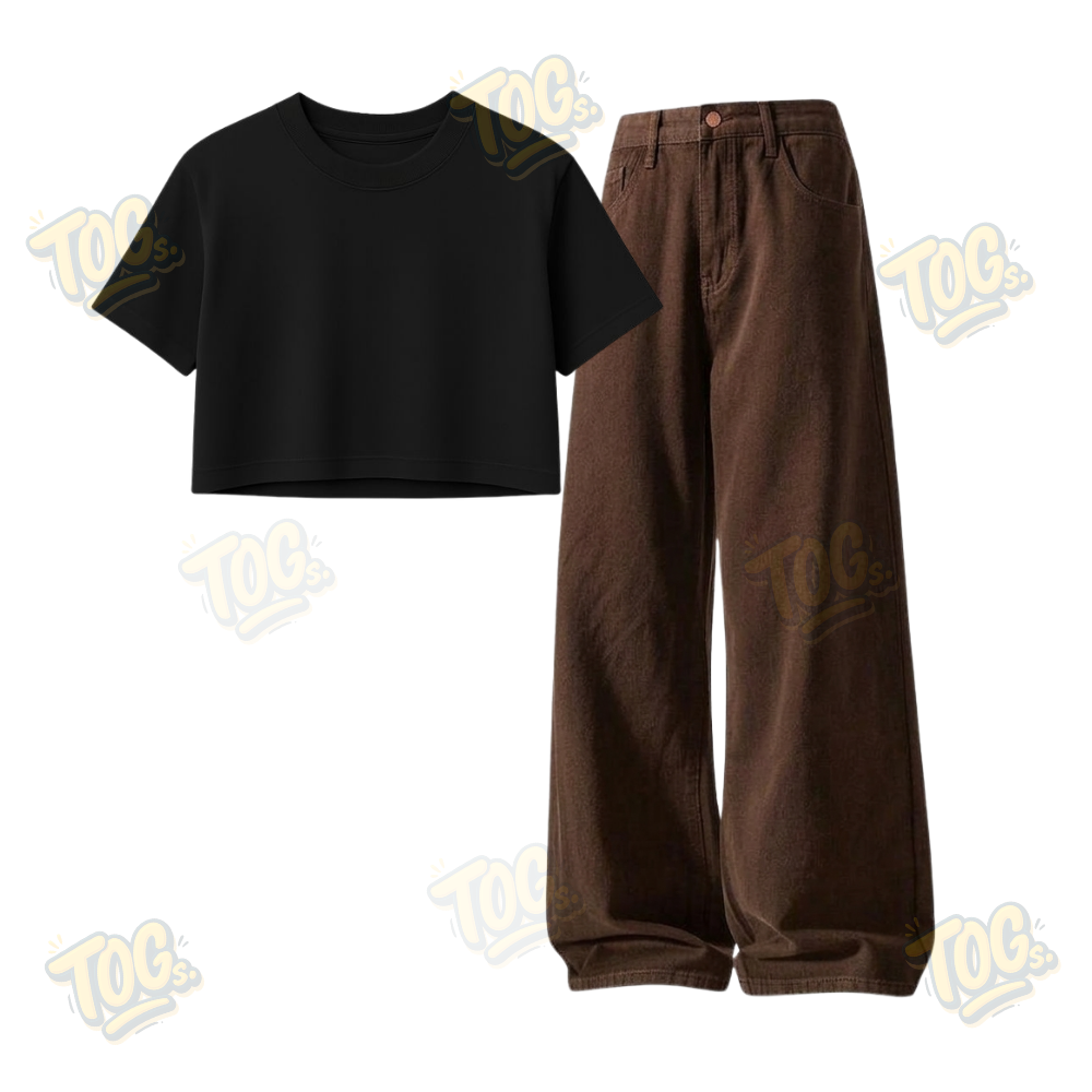 Brown Wide-Leg Baggy Jeans With Crop T-Shirt