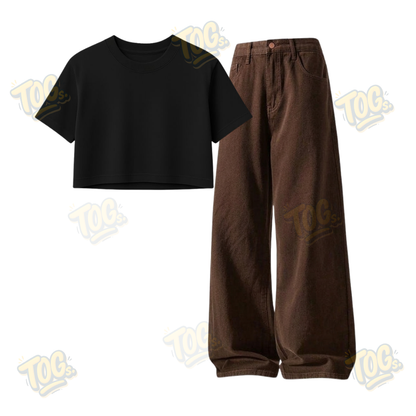 Brown Wide-Leg Baggy Jeans With Crop T-Shirt