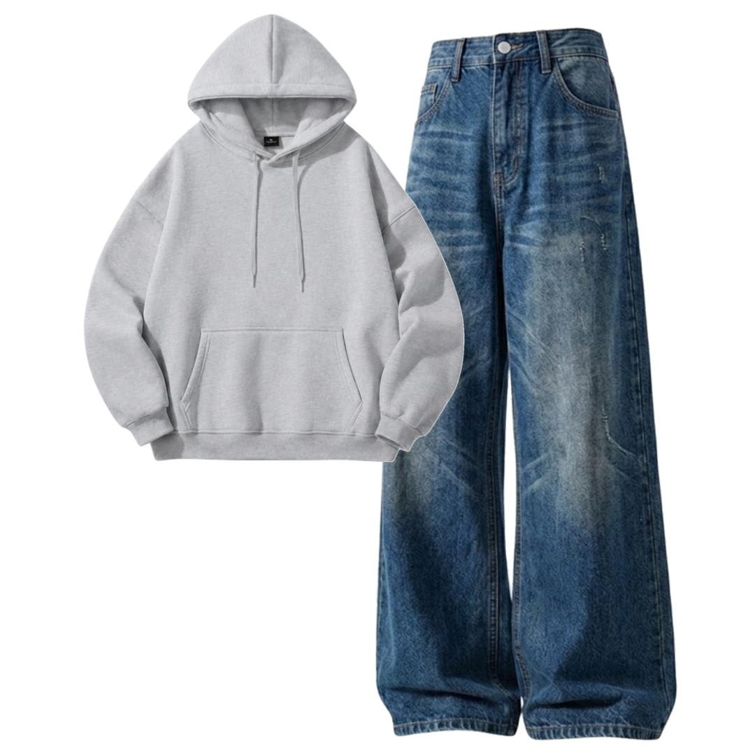 Navyblue Vintage Baggy Jeans With Hoodie