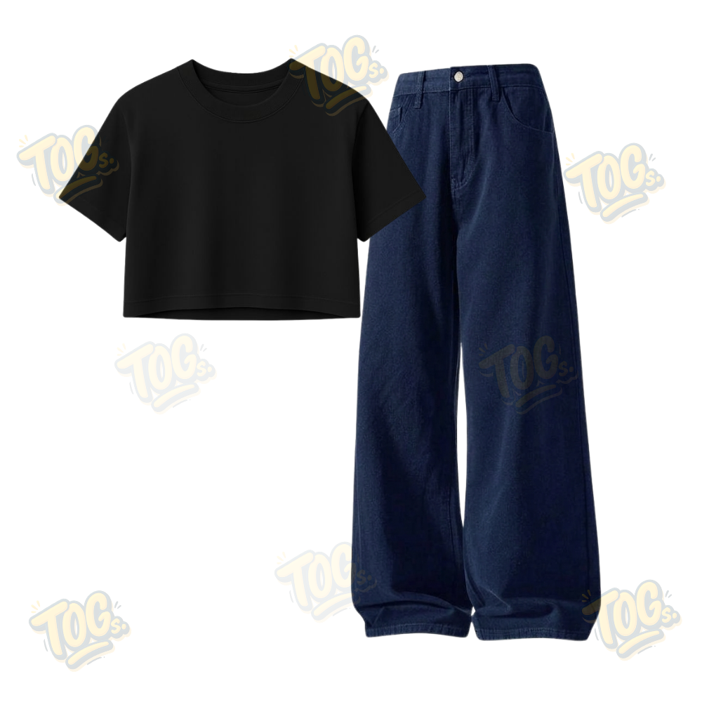 Darkblue Wide-Leg Baggy Jeans With Crop T-Shirt