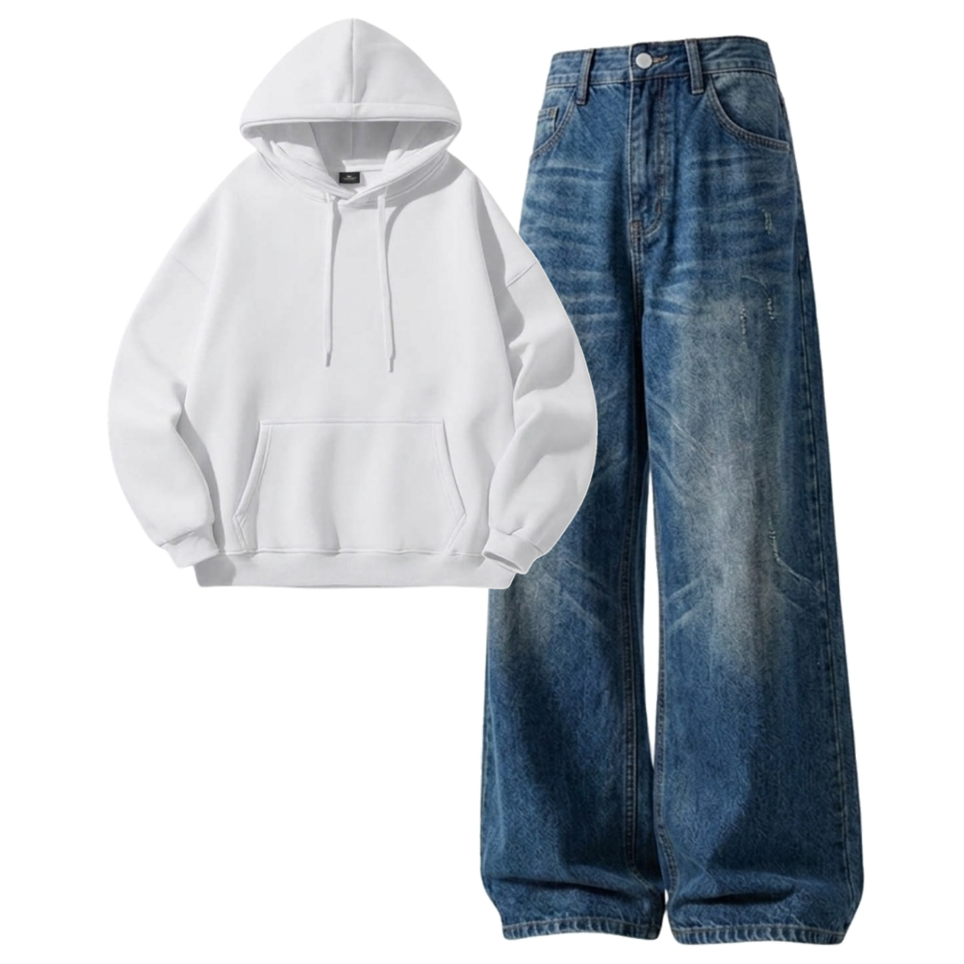 Navyblue Vintage Baggy Jeans With Hoodie