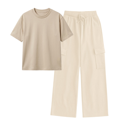 Cream Wide-Leg Cargo With Regular T-Shirt