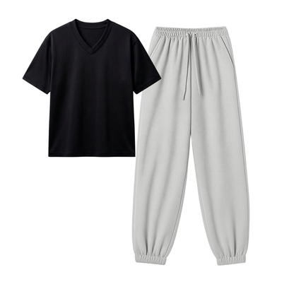 Lightgrey Sweatpant With V-Neck T-Shirt