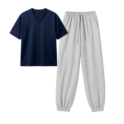 Lightgrey Sweatpant With V-Neck T-Shirt
