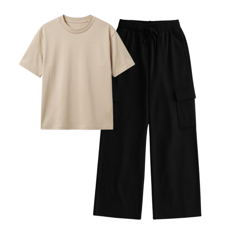 Black Wide-Leg Cargo With Regular T-Shirt