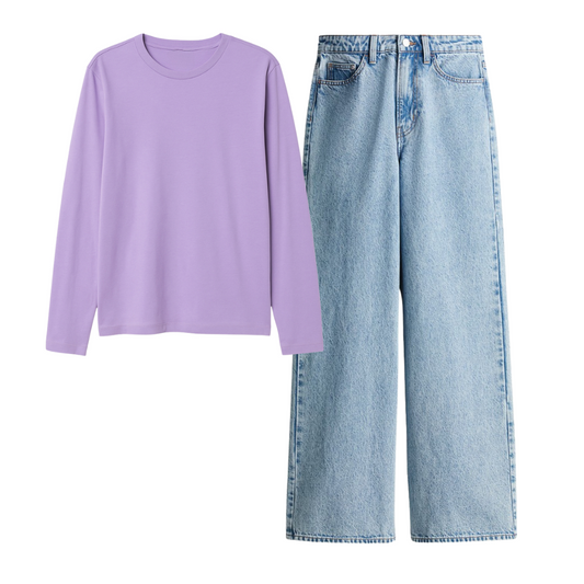 Lilac Full Sleeves Tee With Ice Blue Jeans