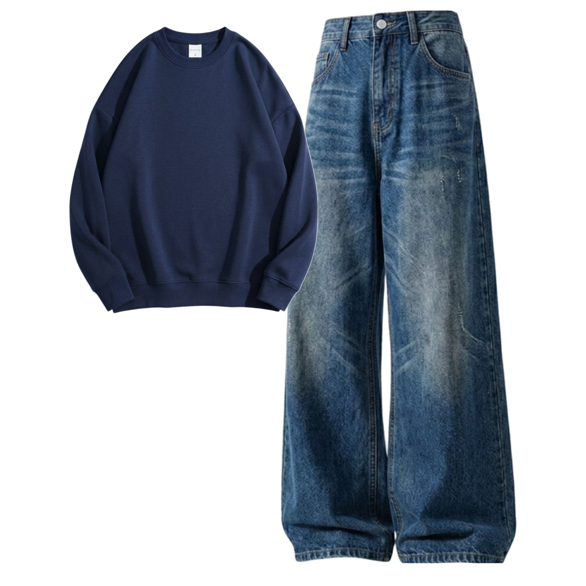 Navyblue Vintage Baggy Jeans With Sweatshirt