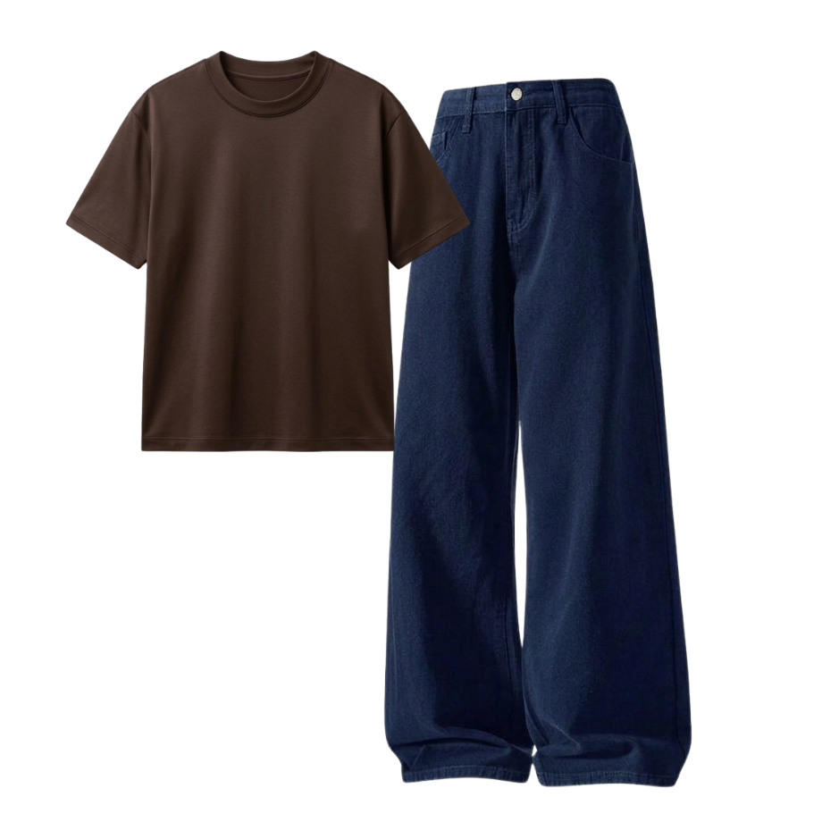 Darkblue Wide-Leg Baggy Jeans With Regular T-Shirt