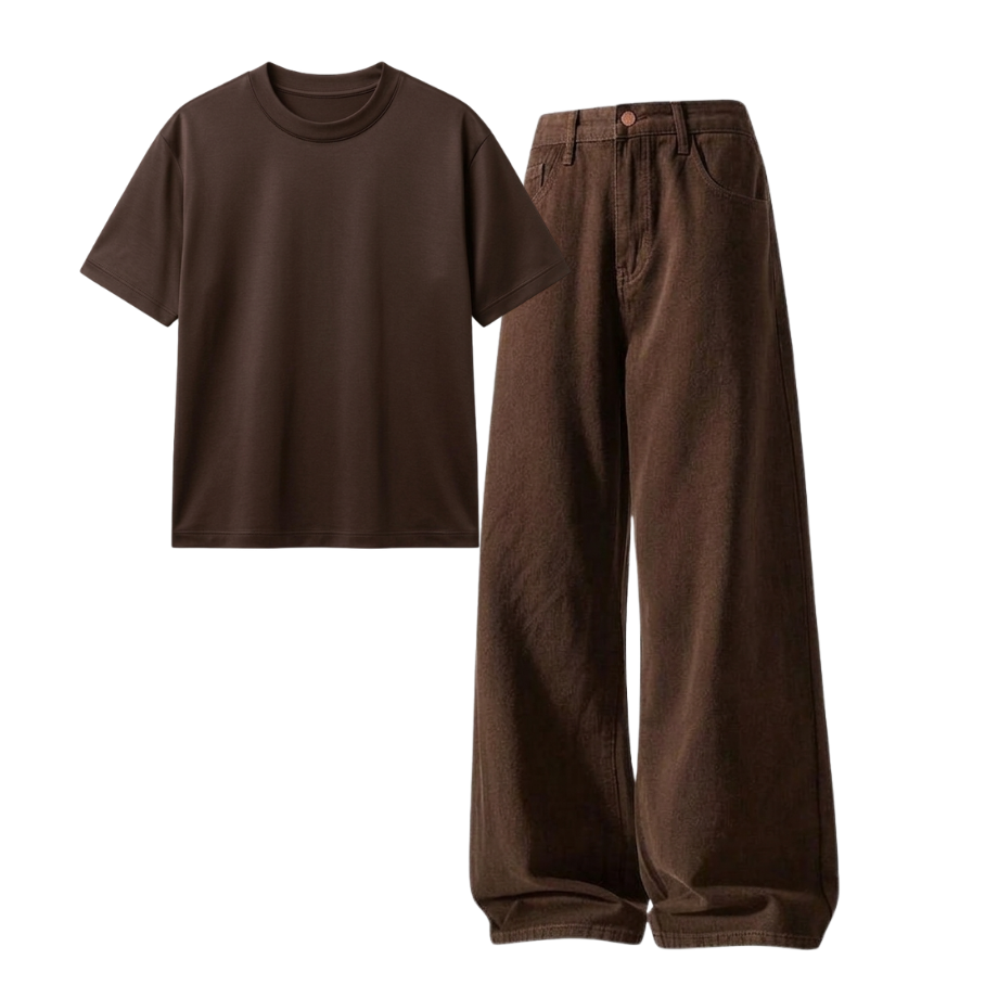 Brown Wide-Leg Baggy Jeans With Regular T-Shirt