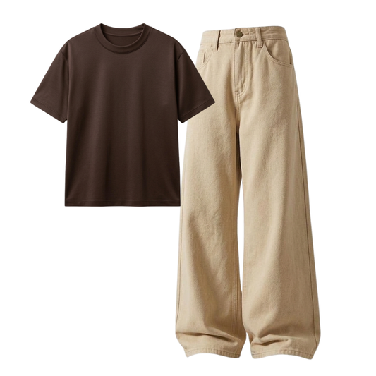 Beige Wide-Leg Baggy Jeans With Regular T-Shirt