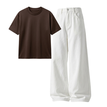 White Wide-Leg Baggy Jeans With Regular T-Shirt