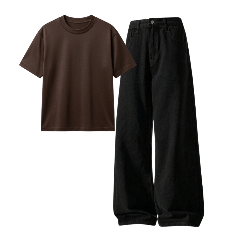 Black Wide-Leg Baggy Jeans With Regular T-Shirt