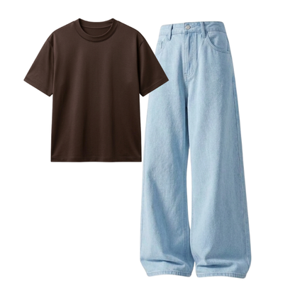 Iceblue Wide-Leg Baggy Jeans With Regular T-Shirt