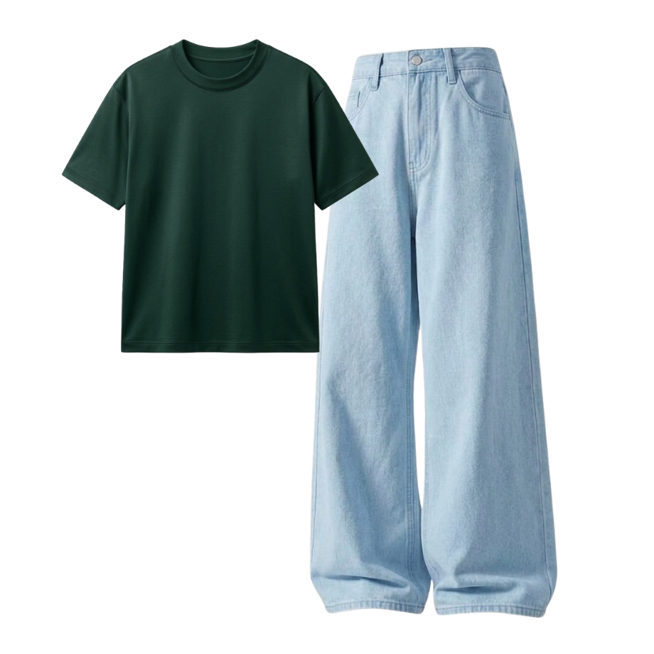 Iceblue Wide-Leg Baggy Jeans With Regular T-Shirt