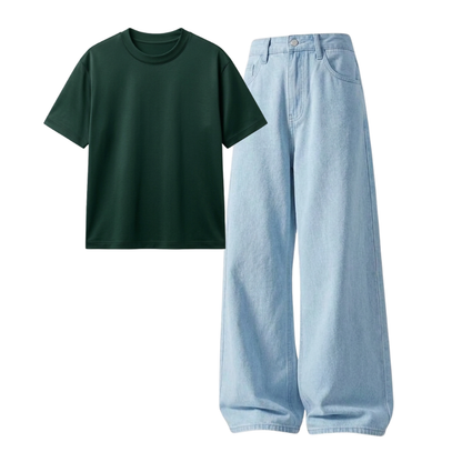 Iceblue Wide-Leg Baggy Jeans With Regular T-Shirt