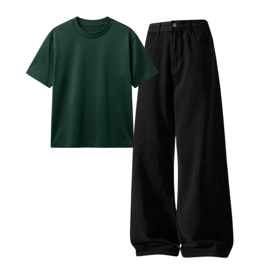 Black Wide-Leg Baggy Jeans With Regular T-Shirt