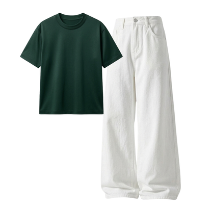 White Wide-Leg Baggy Jeans With Regular T-Shirt