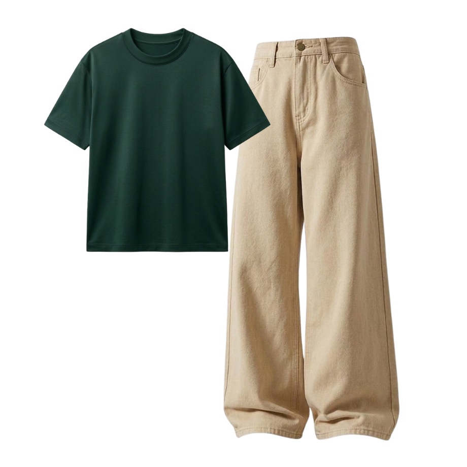 Beige Wide-Leg Baggy Jeans With Regular T-Shirt