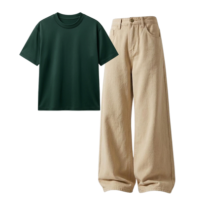 Beige Wide-Leg Baggy Jeans With Regular T-Shirt