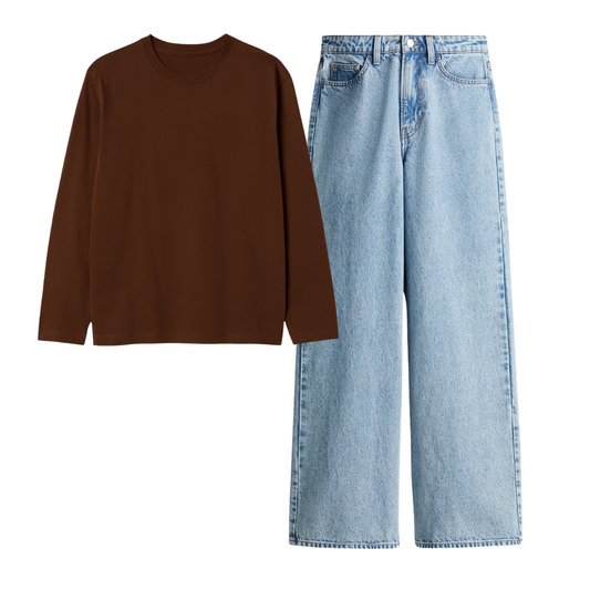 Brown Full Sleeves Tee With Ice Blue Jeans