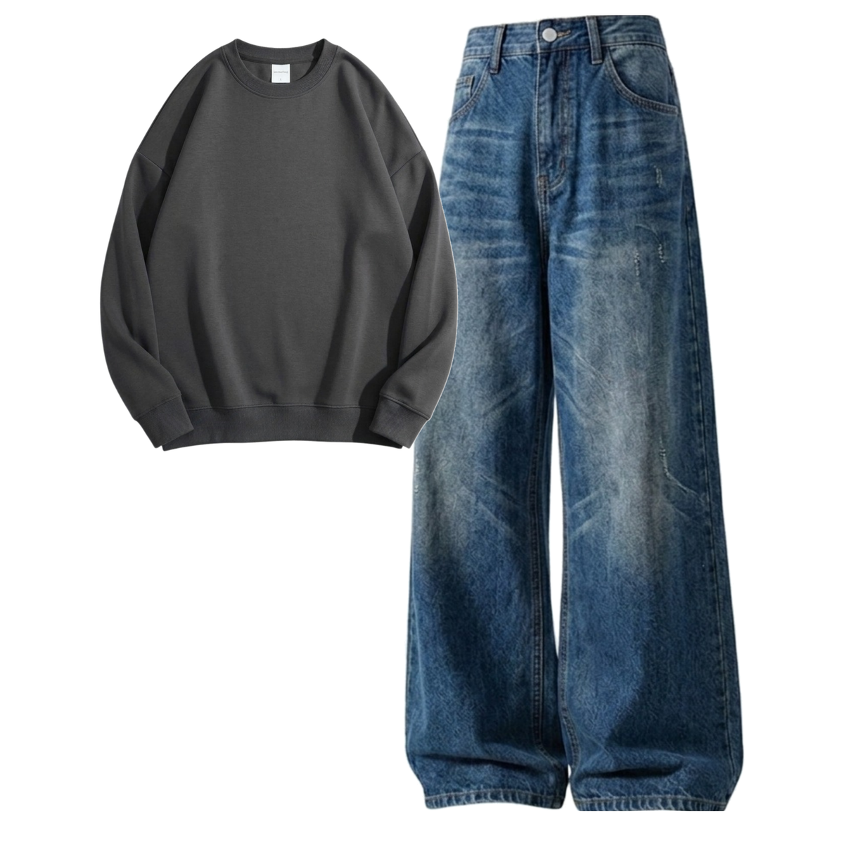 Navyblue Vintage Baggy Jeans With Sweatshirt