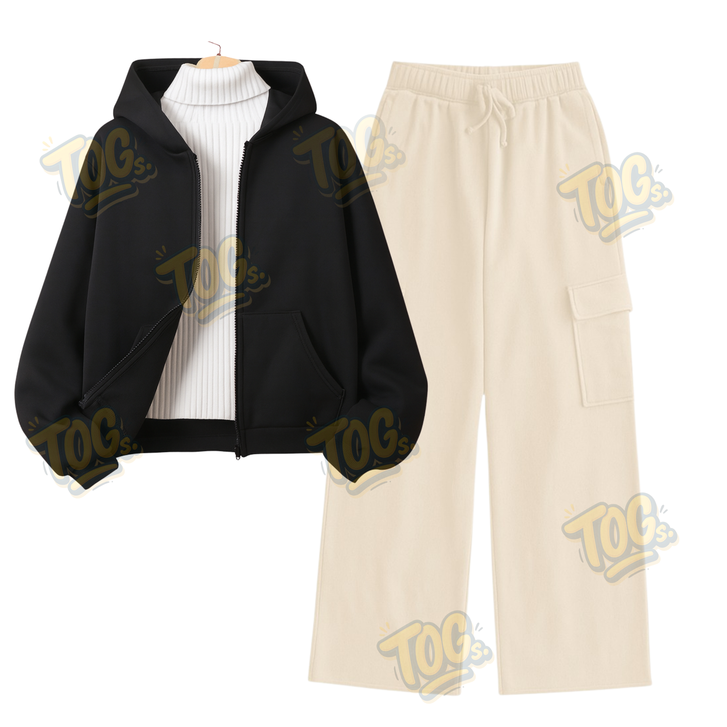 Straight Leg Cargo With Black Zipper & White Highneck