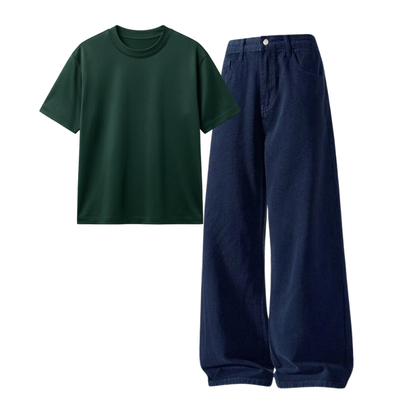 Darkblue Wide-Leg Baggy Jeans With Regular T-Shirt