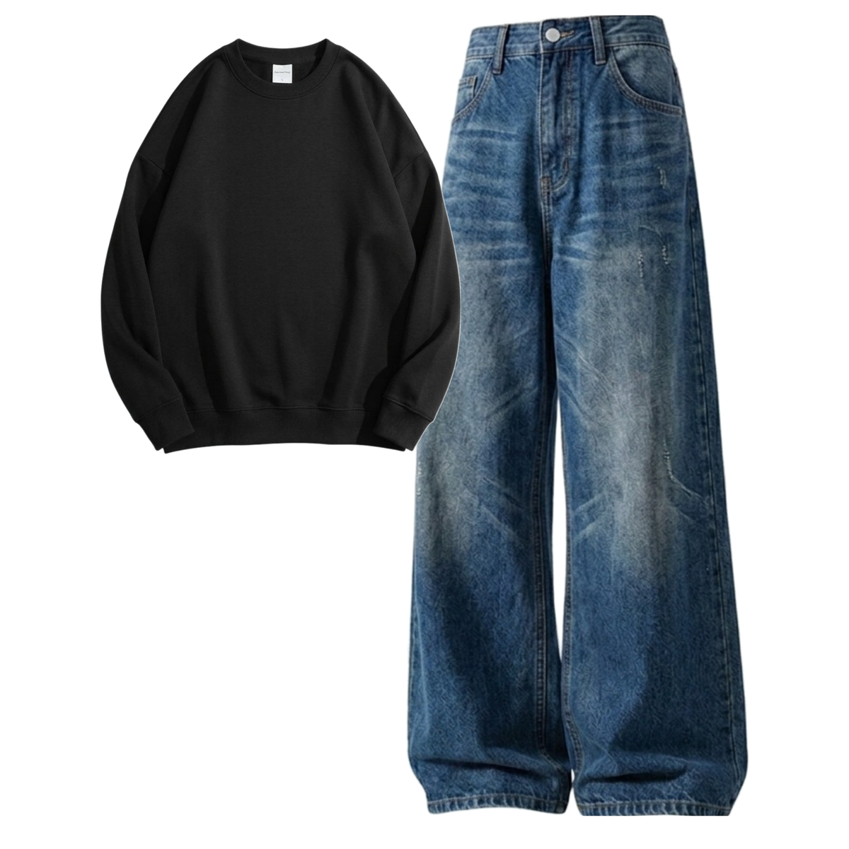 Navyblue Vintage Baggy Jeans With Sweatshirt