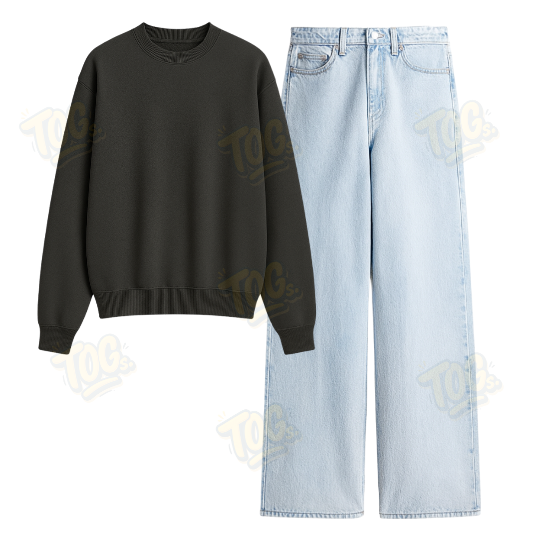 Ice Blue Wide Leg Jeans With Oversized Sweatshirt