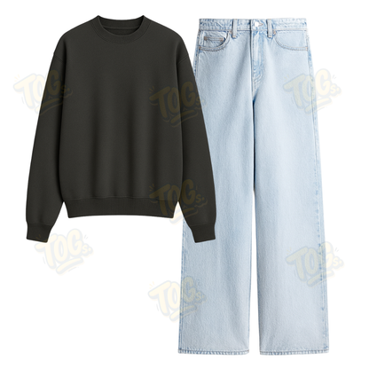 Ice Blue Wide Leg Jeans With Oversized Sweatshirt