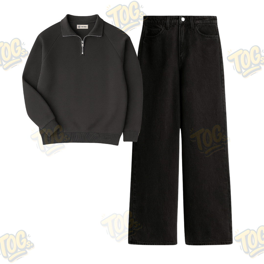 Black Wide Leg Baggy Jeans With Oversized Mockneck