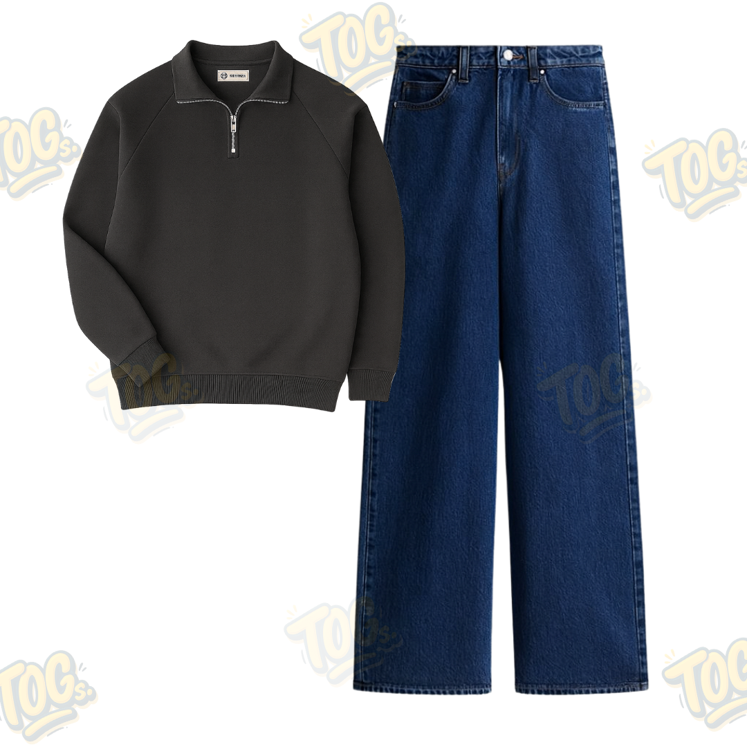 Dark Blue Wide Leg Baggy Jeans With Oversized Mockneck