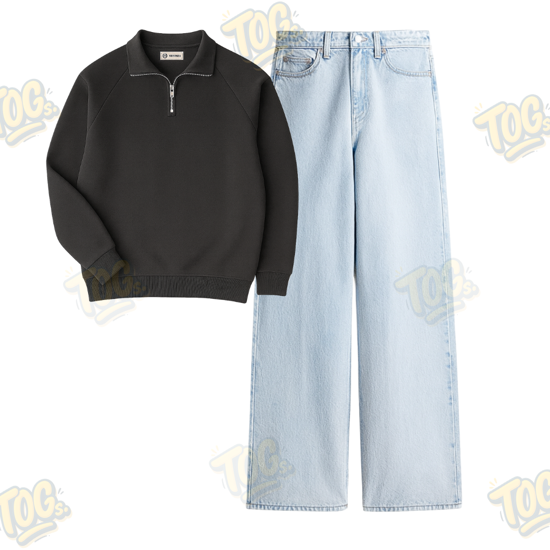 Ice Blue Wide Leg Baggy Jeans With Oversized Mockneck