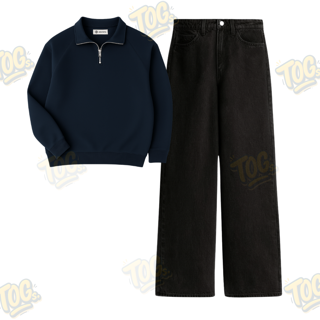 Black Wide Leg Baggy Jeans With Oversized Mockneck