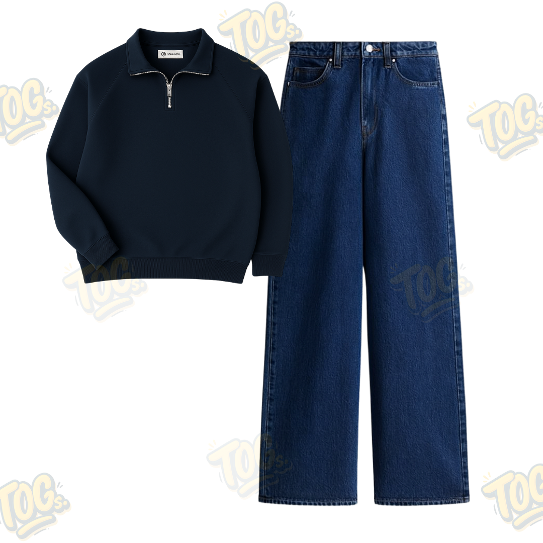 Dark Blue Wide Leg Baggy Jeans With Oversized Mockneck