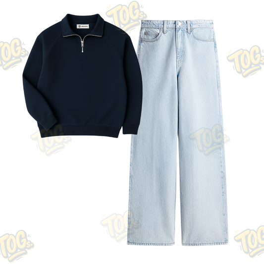 Ice Blue Wide Leg Baggy Jeans With Oversized Mockneck