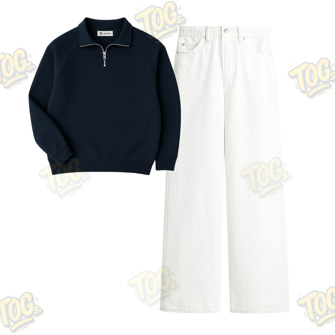 White Wide Leg Baggy Jeans With Oversized Mockneck