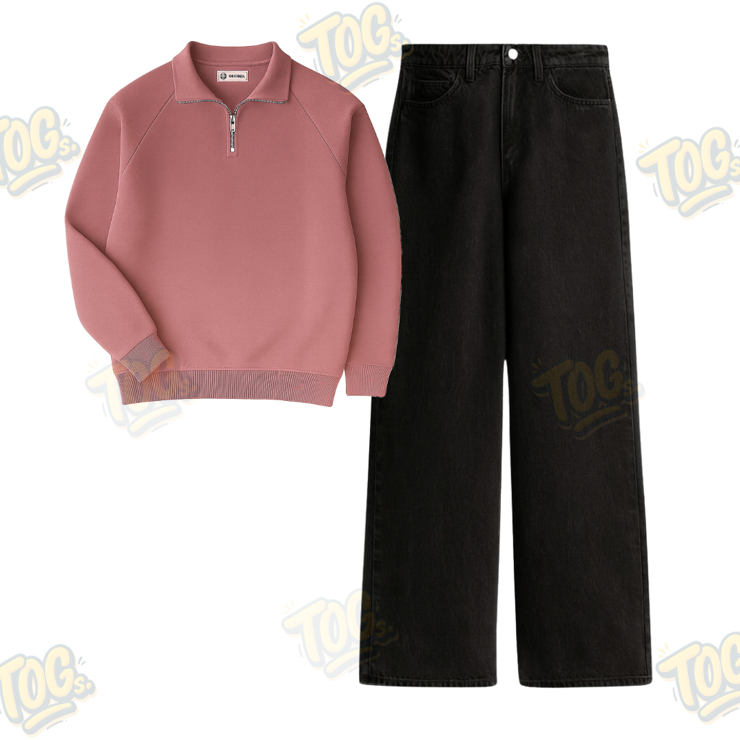 Black Wide Leg Baggy Jeans With Oversized Mockneck