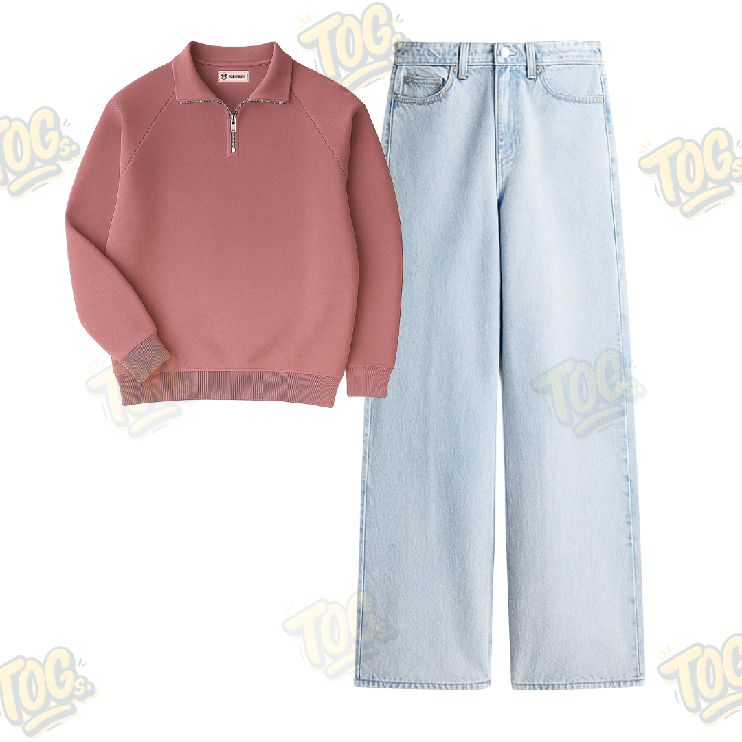 Ice Blue Wide Leg Baggy Jeans With Oversized Mockneck