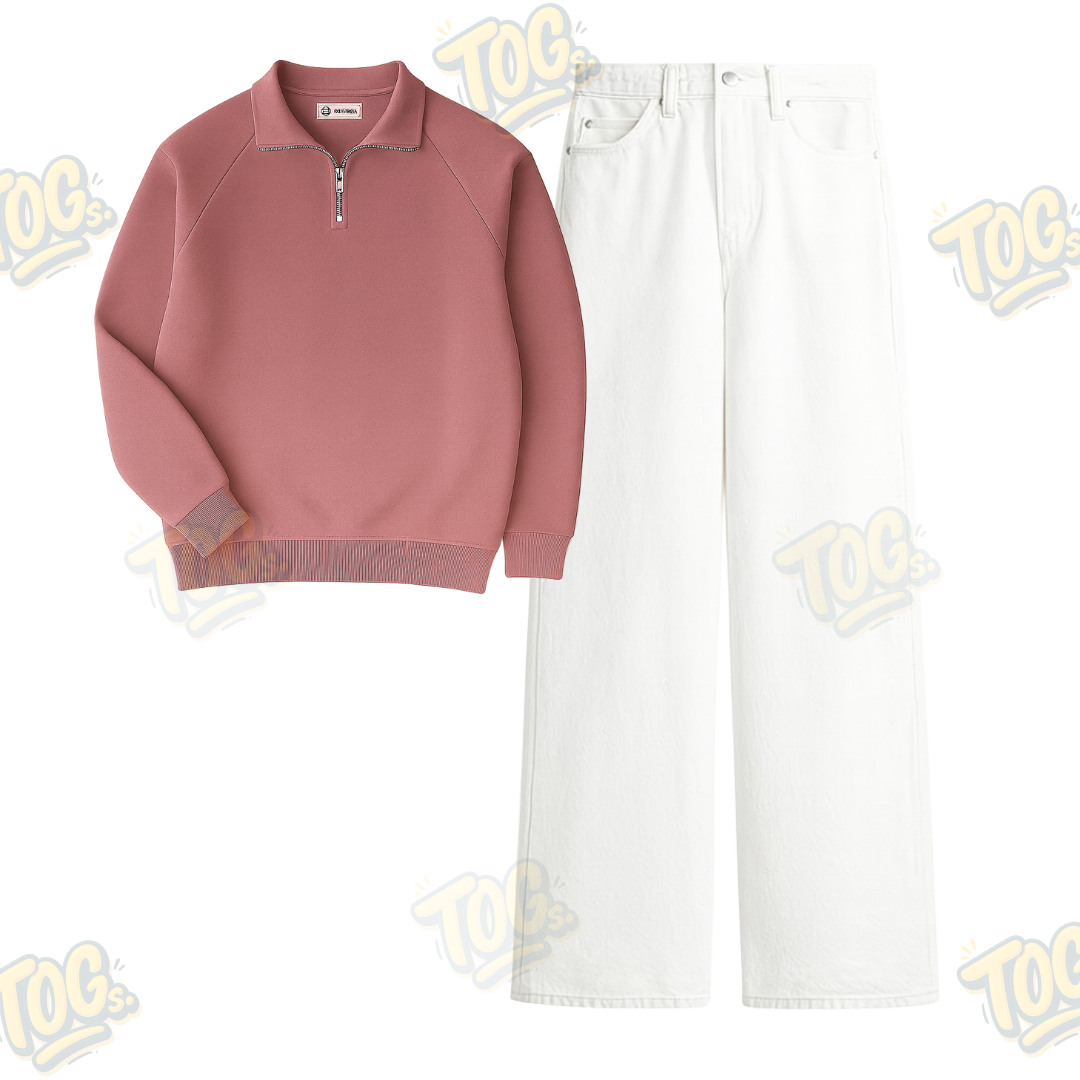 White Wide Leg Baggy Jeans With Oversized Mockneck