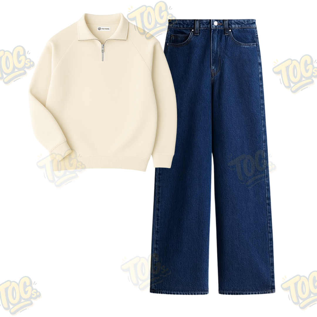 Dark Blue Wide Leg Baggy Jeans With Oversized Mockneck