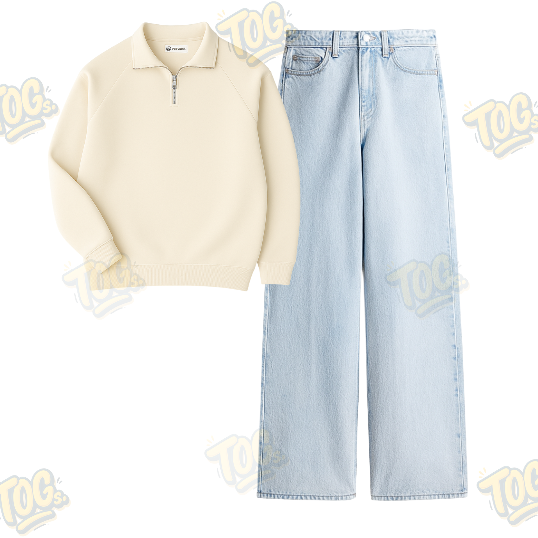 Ice Blue Wide Leg Baggy Jeans With Oversized Mockneck