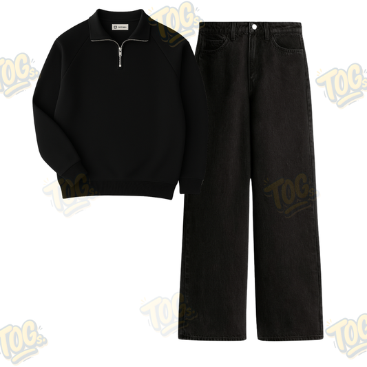 Black Wide Leg Baggy Jeans With Oversized Mockneck
