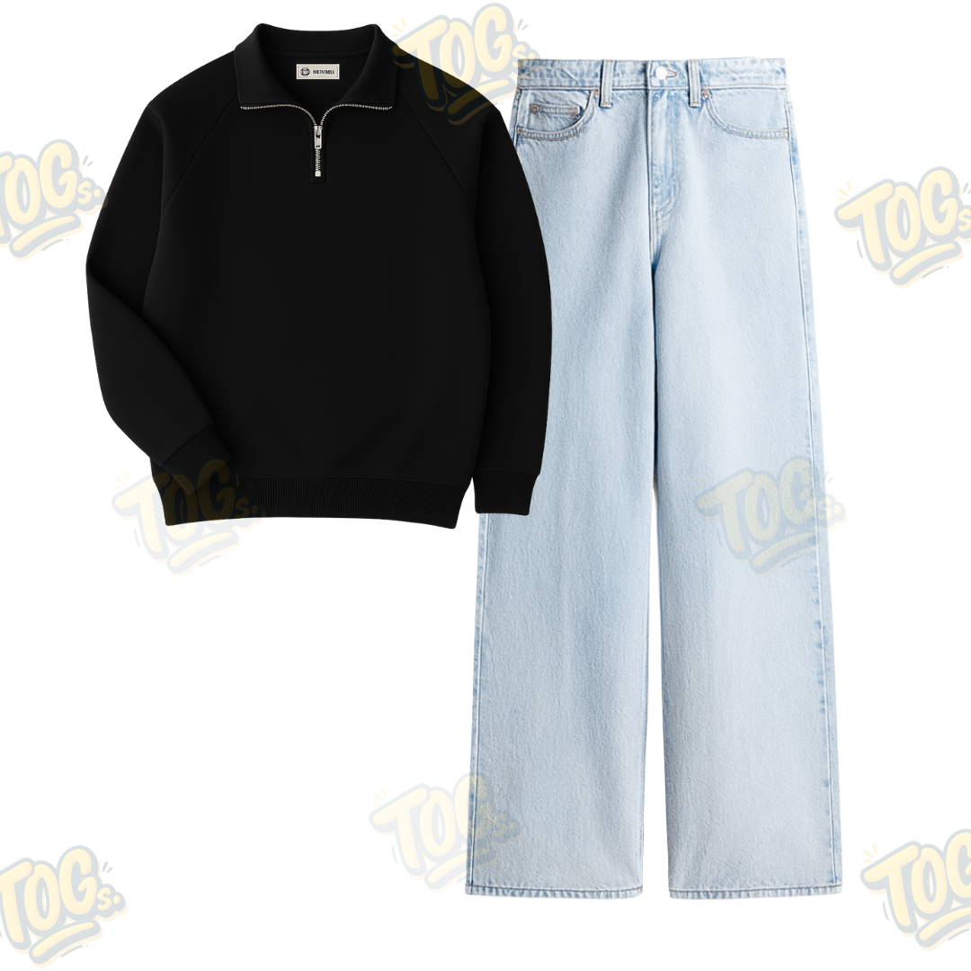 Ice Blue Wide Leg Baggy Jeans With Oversized Mockneck