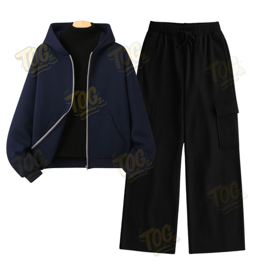 Straight Leg Cargo With Navy Blue Zipper & Black Highneck