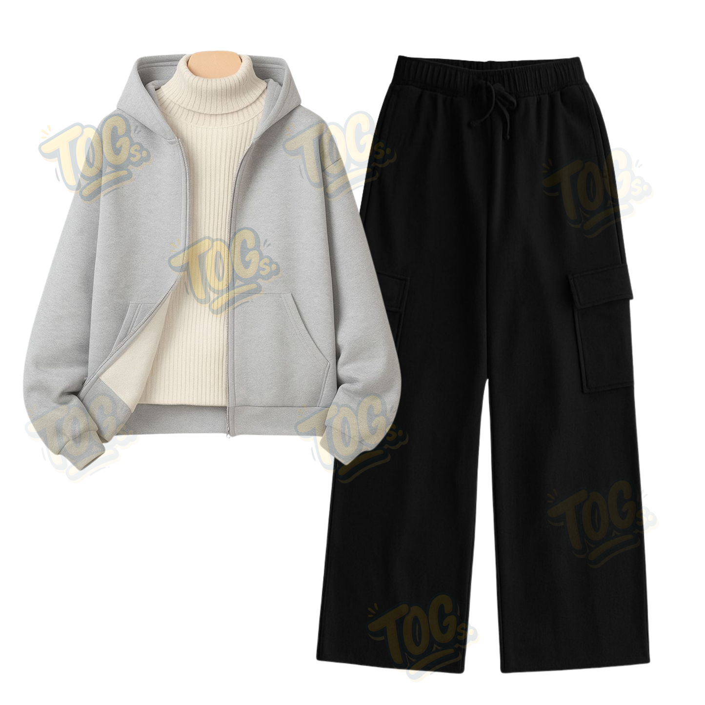 Straight Leg Cargo With LightGrey Zipper & White Highneck