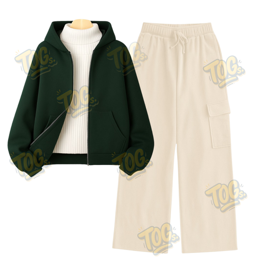 Straight Leg Cargo With DarkGreen Zipper & White Highneck