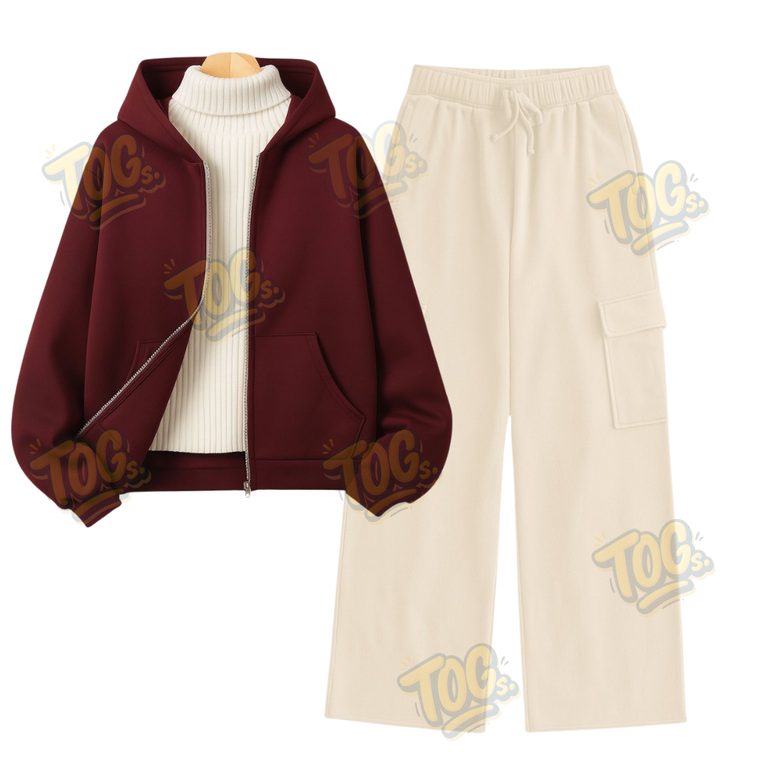 Straight Leg Cargo With Maroon Zipper & White Highneck